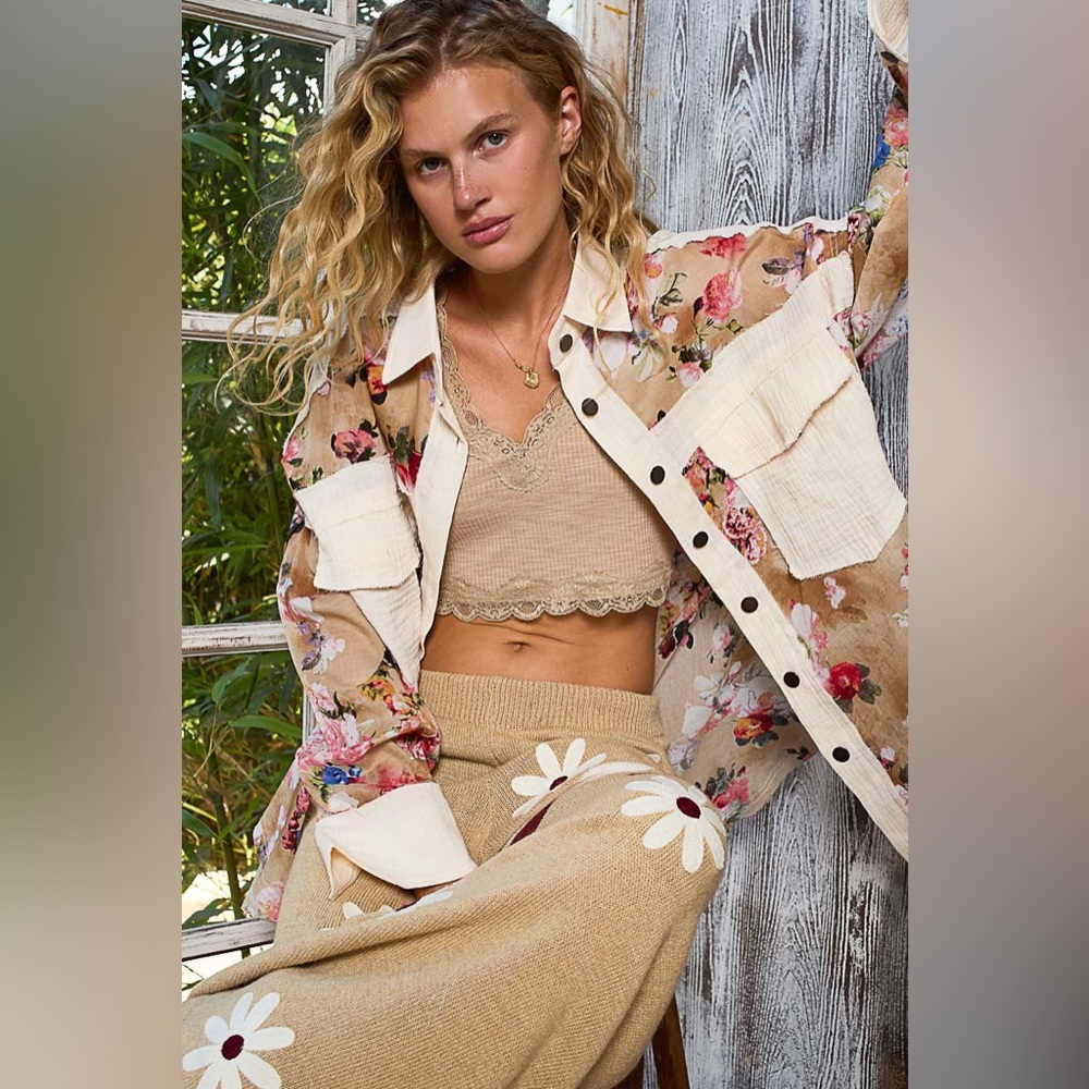 PT18 New POL Beige Floral Button-Up Shirt